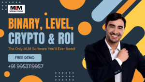 MLM Software Company article thumbnail showcasing key services including Binary MLM Software, Level MLM Software, Crypto MLM Software, and ROI Plan solutions with bold headline text ‘The Only MLM Software You’ll Ever Need!’