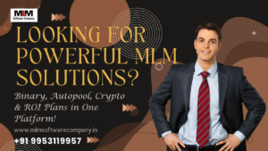 MLM Software Company thumbnail displaying headline ‘Looking for Powerful MLM Solutions? Binary, Autopool, Crypto & ROI Plans in One Platform!’ highlighting key MLM services and modern tech-driven design background.