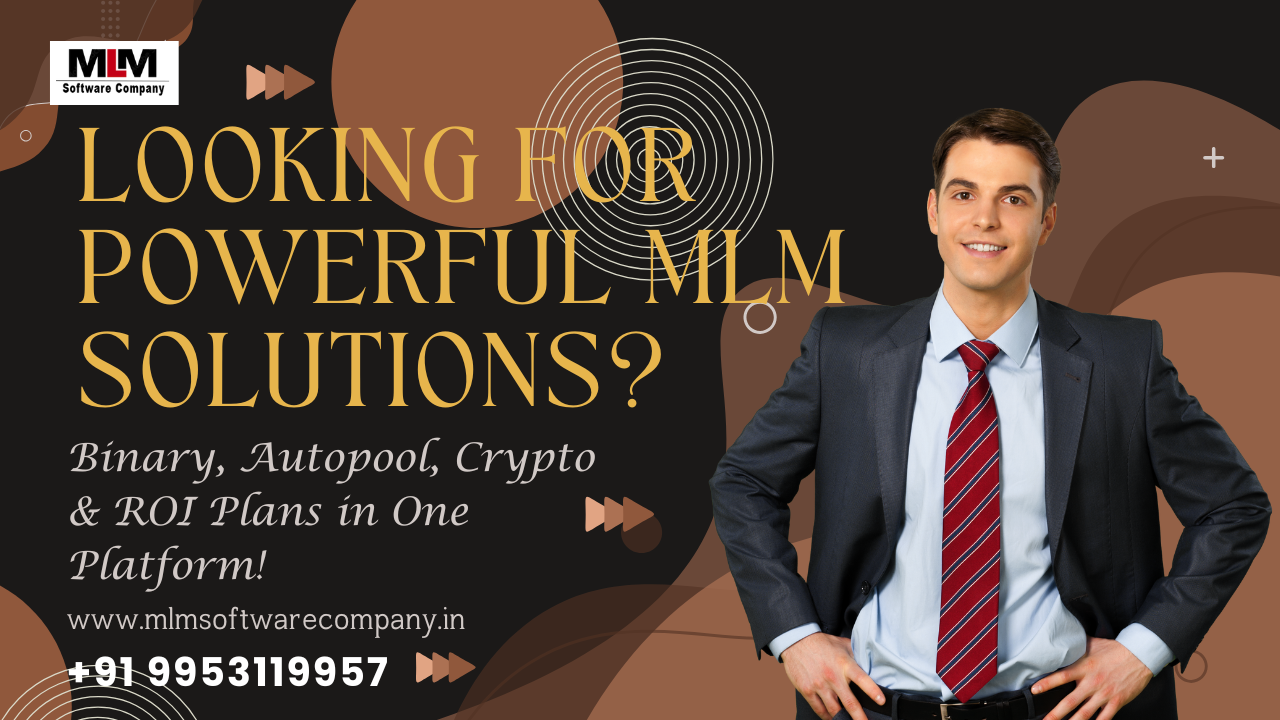 MLM Software Company thumbnail displaying headline ‘Looking for Powerful MLM Solutions? Binary, Autopool, Crypto & ROI Plans in One Platform!’ highlighting key MLM services and modern tech-driven design background.